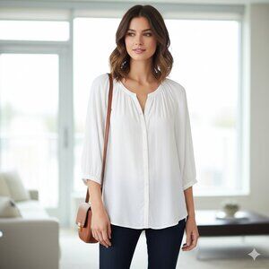 Aritzia Babaton Blouse 3/4 Length Bishop Sleeve Button Flowy White Size XS
